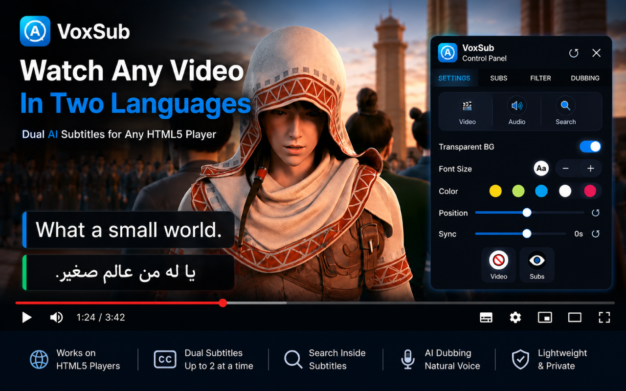 VoxSub dual captions on an HTML5 video player